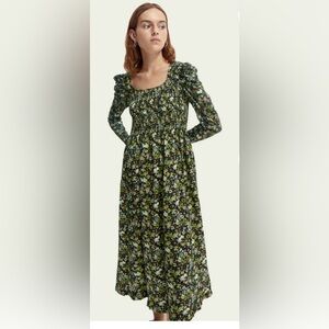 Scotch & Soda Floral Lace Sleeve Smocked Midi Dress